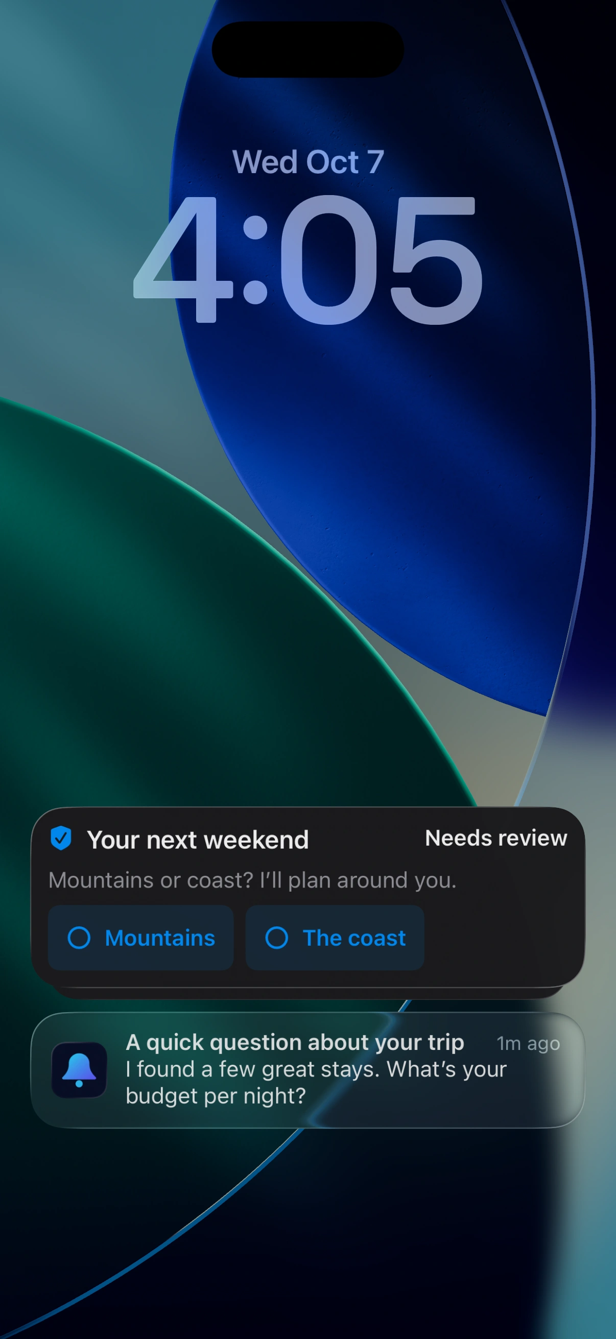 NotiBuddy on an iPhone lock screen, showing a trip-planning question with Mountains and The coast choices, plus a notification asking for a nightly budget.